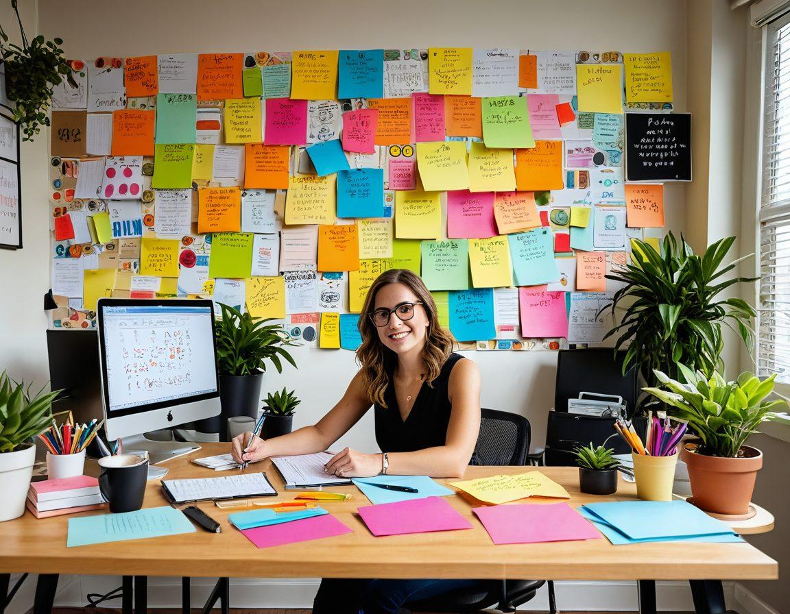 An excited individual sitting at a desk, surrounded by open laptops and colorful sticky notes, brainstorming strategies for online applications. The character, a young professional, is focused and writing notes with a pencil, with visual symbols of success like graphs and checkmarks around. A cozy and bright home office atmosphere, with plants and a motivational poster on the wall. Vibrant colors, super-realistic.