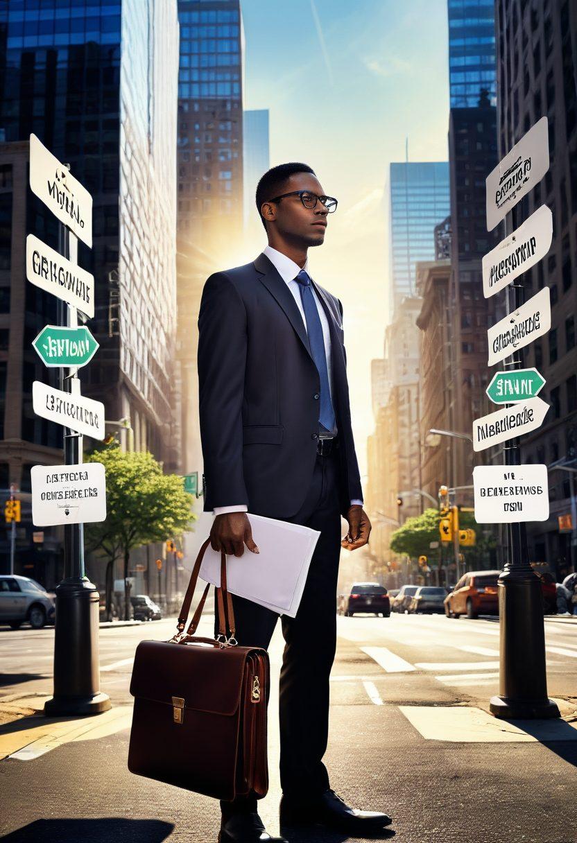 A confident professional standing at a crossroads, holding a briefcase filled with resumes and a laptop, with directional signs that read 'Networking', 'Skill Development', and 'Interview Strategies'. The background features a cityscape symbolizing career opportunities and growth. Golden rays of sunlight illuminating the scene to represent hope and success. vibrant colors. super-realistic.