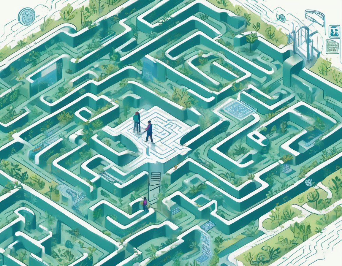 An illustration of a person confidently navigating a complex maze that represents an application process. Surrounding the maze are helpful icons like checklists and road signs symbolizing guidance. The color palette should evoke calmness, with shades of blue and green, suggesting clarity and ease. Include floating text bubbles with empowering phrases like 'You Got This!' and 'Step by Step.' vector art. vibrant colors. white background.